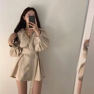 YesStyle Long Sleeve Sashed Mini Shirtdress + Wide Leg Shorts